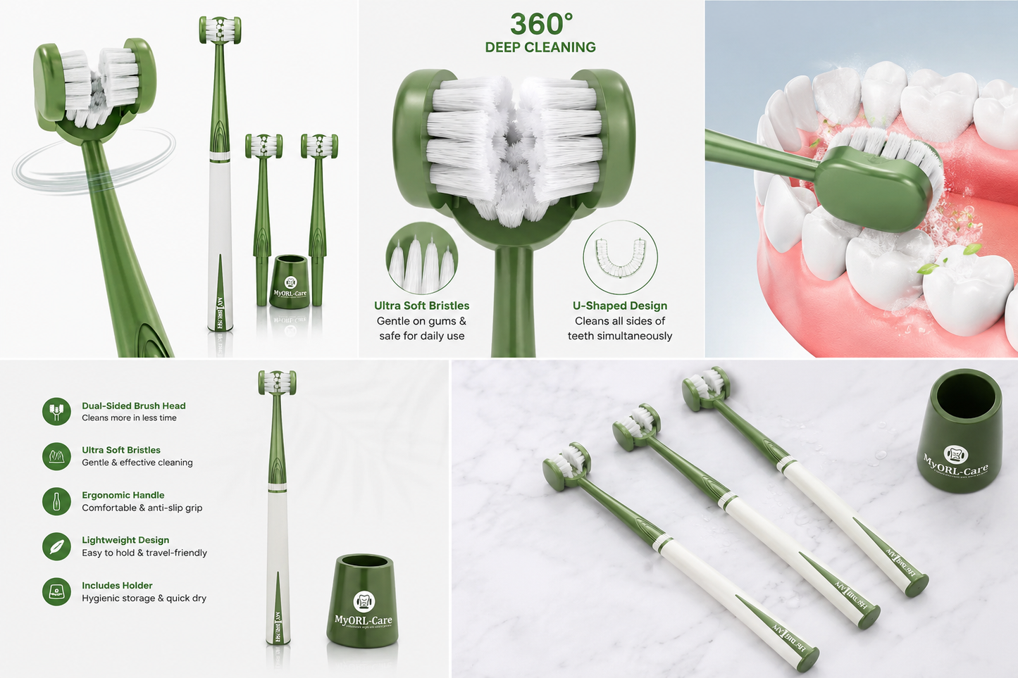 360° Dual-Sided Soft Bristle Toothbrush – Ultra Soft Manual Toothbrush for Deep Cleaning & Gum Care (Pack of 3 with Holder)