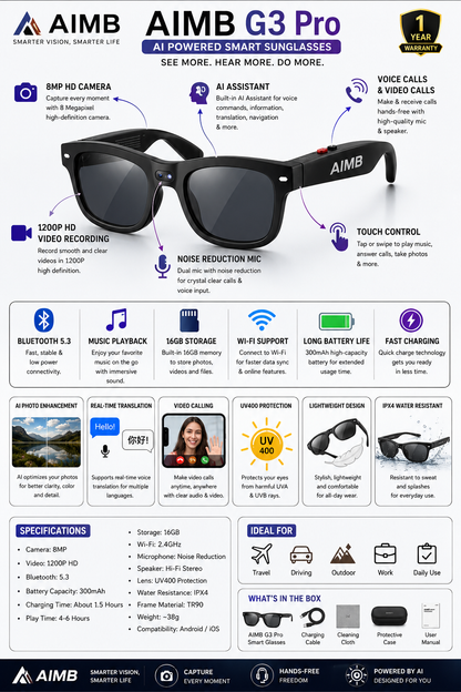 AIMB G3 Pro Smart AI Translation Glasses (8MP camera)