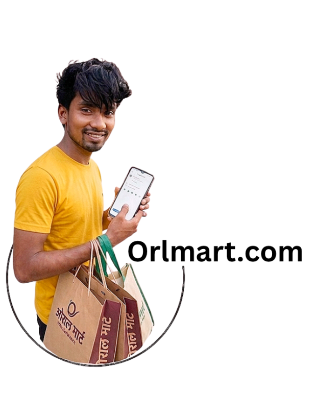 Man holding a phone with Orlmart.com displayed, surrounded by shopping bags on a white background.